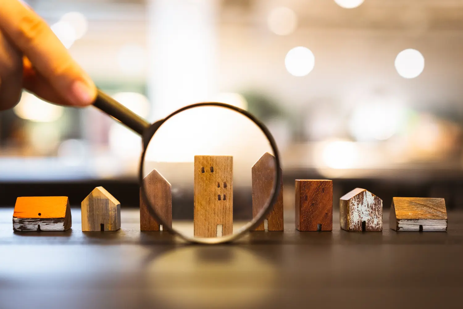 Hand holding magnifying glass and looking at house model, house selection, real estate concept. 