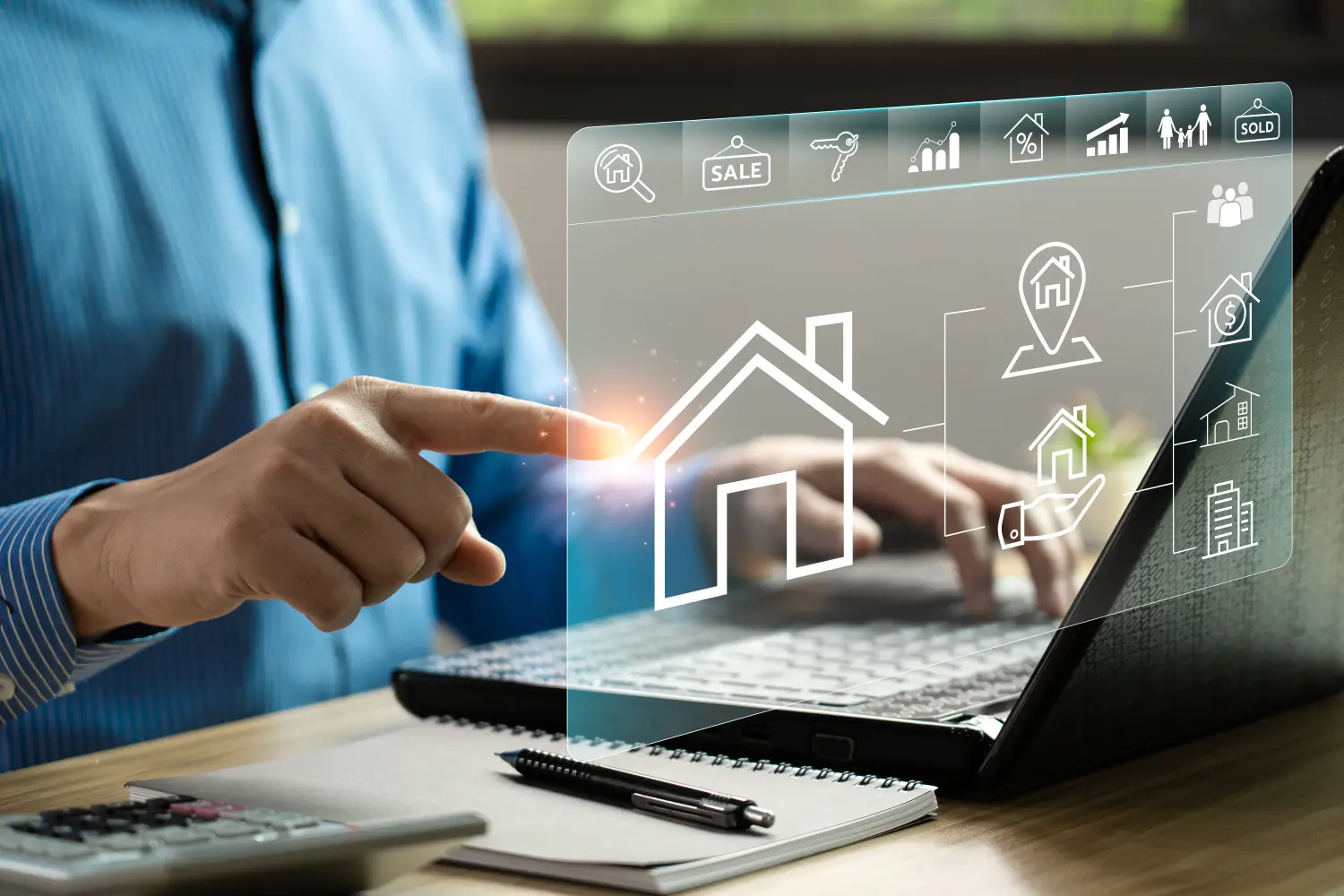 Immobilien, Hauskaufkonzept, Lage, Energieeffizienzbewertung und Immobilienwert, Immobilien online auf virtuellen Bildschirmen. neues Zuhause für die Familie, Haussuche, Grundstückspreis
