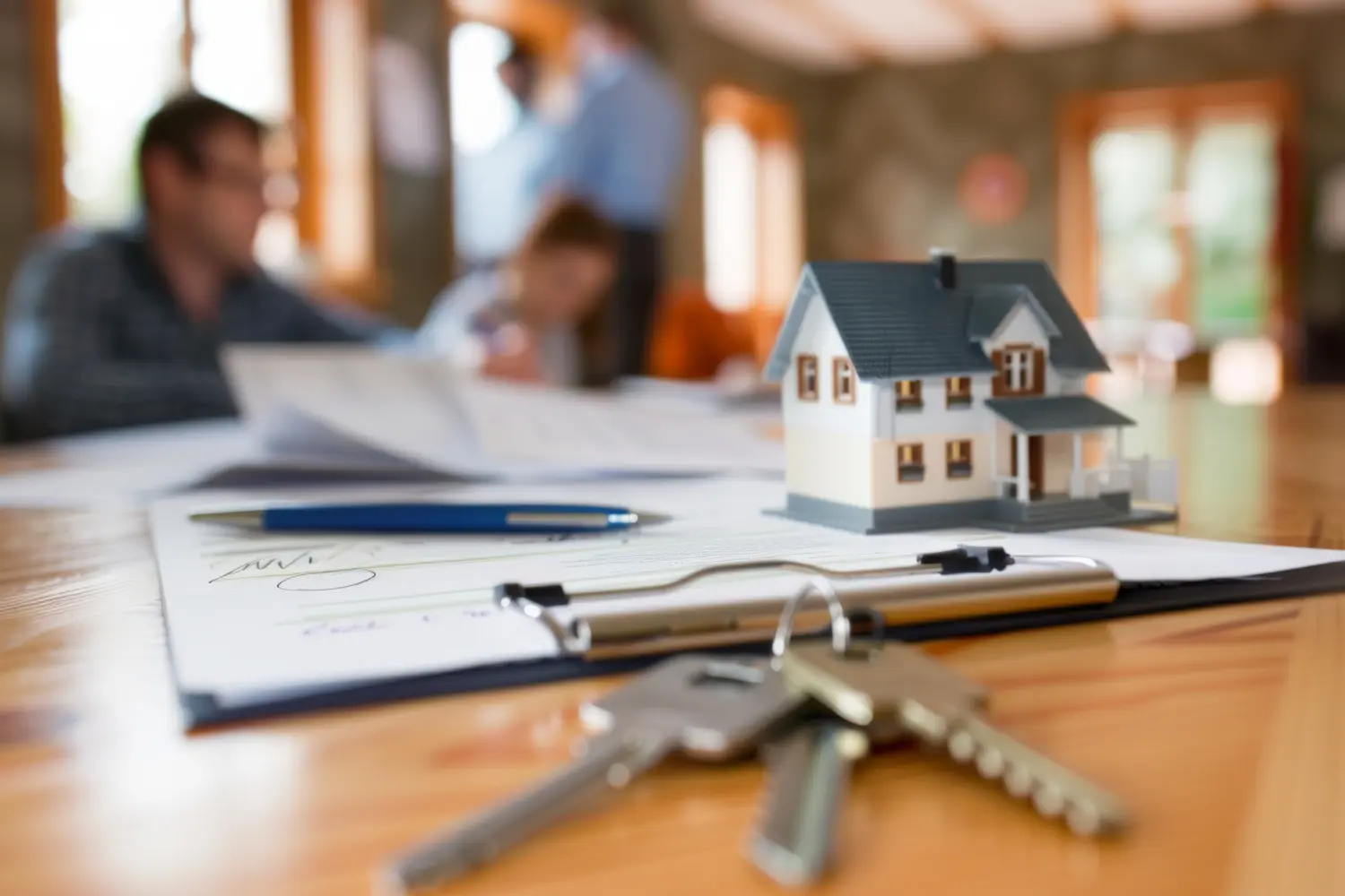 Konzept für den Verkauf eines Hauses und einer Hausratversicherung. Unterzeichnung eines Hauskauf- und Verkaufsvertrags, Wohnungsmiete, Sachversicherung. Schlüssel, Haus, Hypothek, Immobilien, Miete, Verkauf, Darlehen, Eigentum, Makler