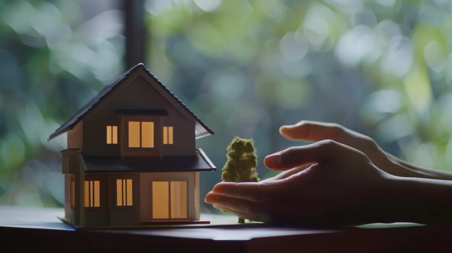 Hände umfassen ein Miniaturhaus- und Baummodell in Weichzeichnung, das Fürsorge, Heimat und Natur vor einem grünen Bokeh symbolisiert